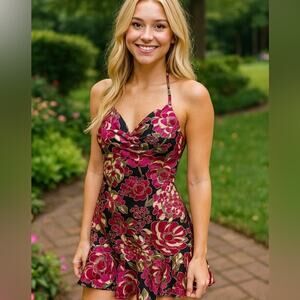 GUESS Halter Style Floral Fit and Flare Dress with Ruffle Trim Pink Black Size 3